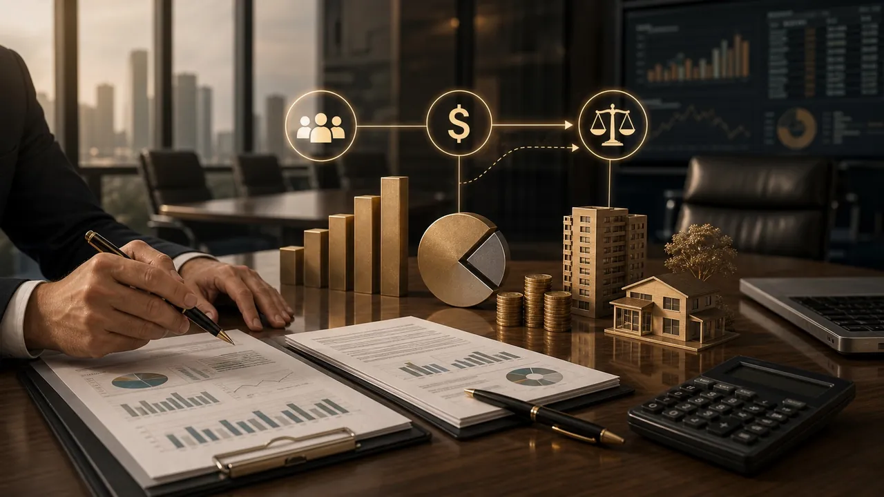 Relatórios de dividendos e avaliação patrimonial em mesa executiva