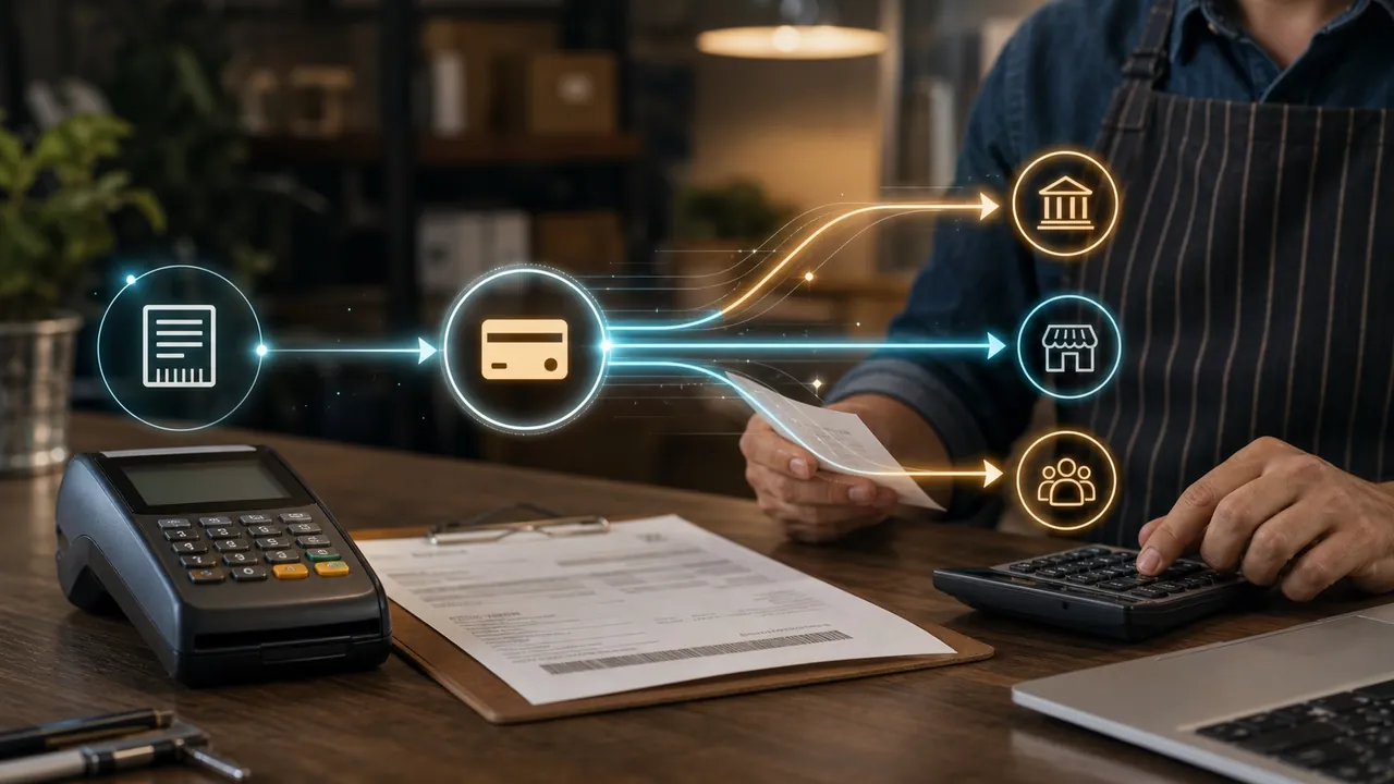 Mesa de pequena empresa com pagamento digital e retenção automática
