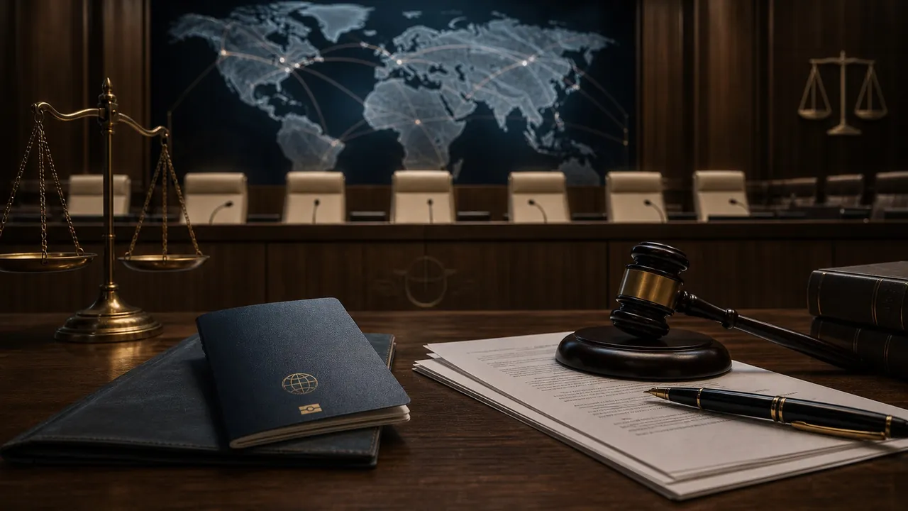 Câmara de tribunal internacional com documentos diplomáticos
