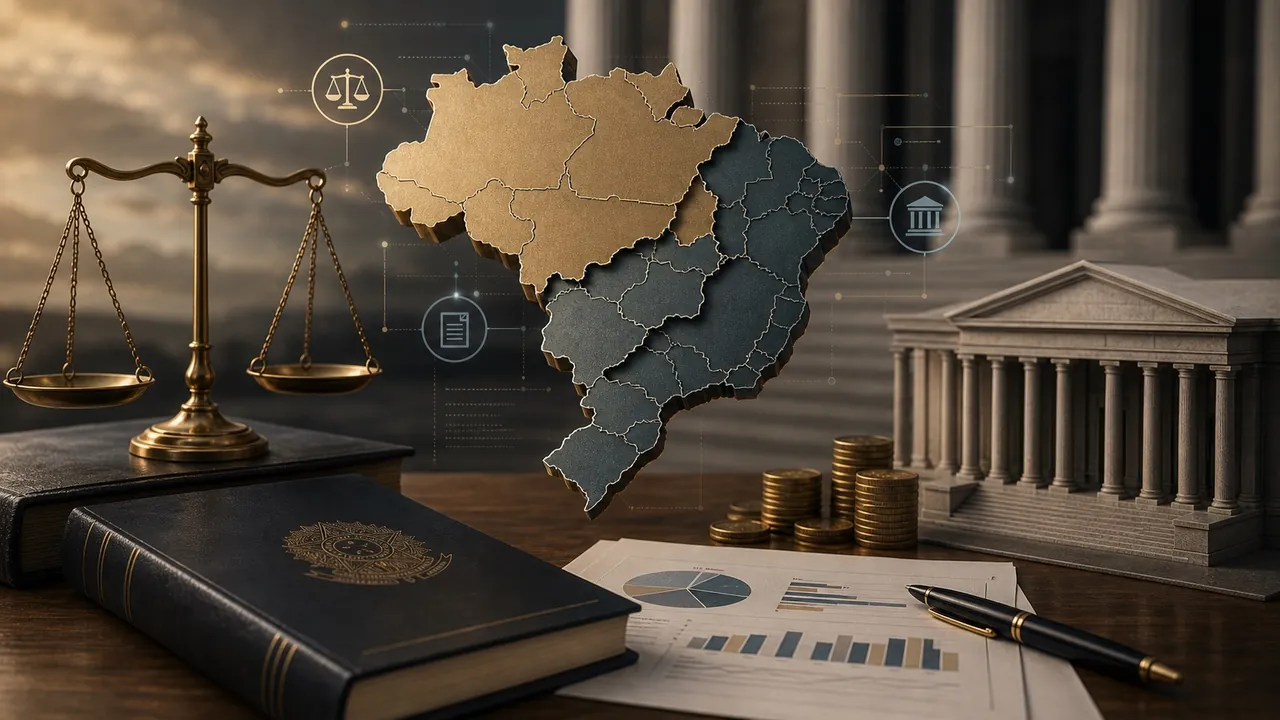 Mapa federativo do Brasil com símbolos de competência tributária